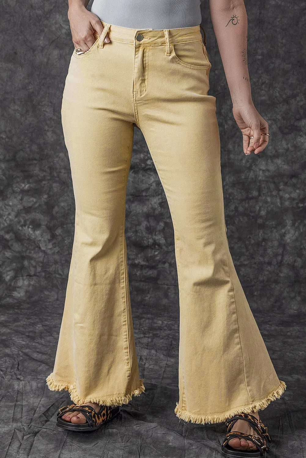 Raw Edge Mid Waist Flared Jeans