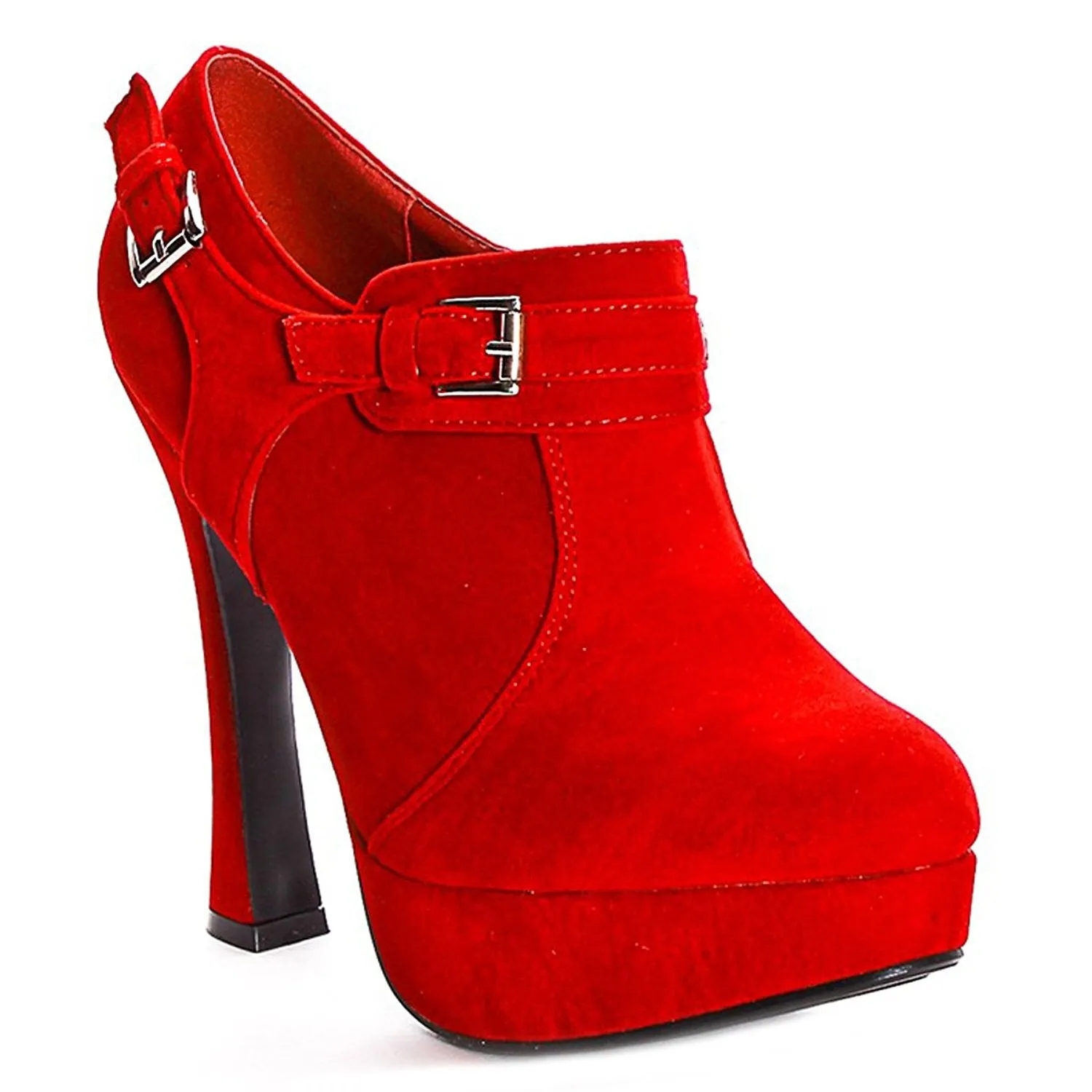 Red Faux Suede Buckle Platform Women's Booties Shooties