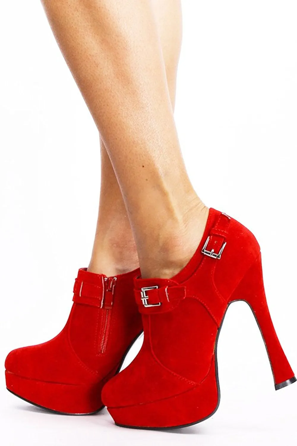 Red Faux Suede Buckle Platform Women's Booties Shooties