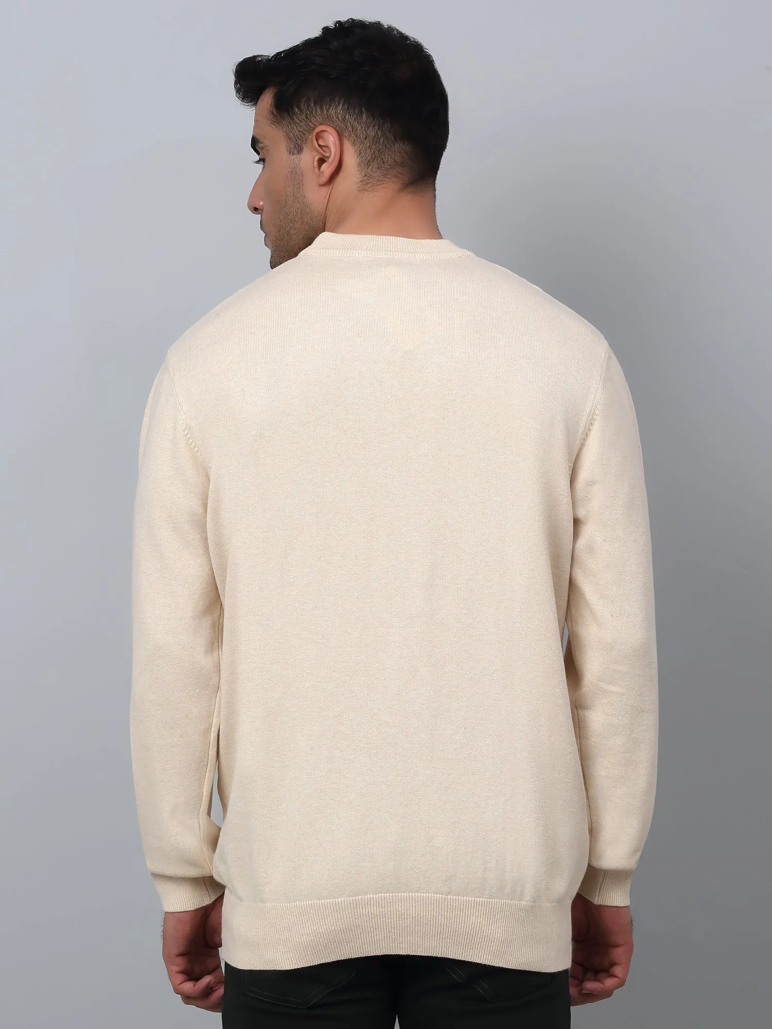 Solid Beige Full Sleeves Round Neck Light Winter Wear Casual Sweater for Men