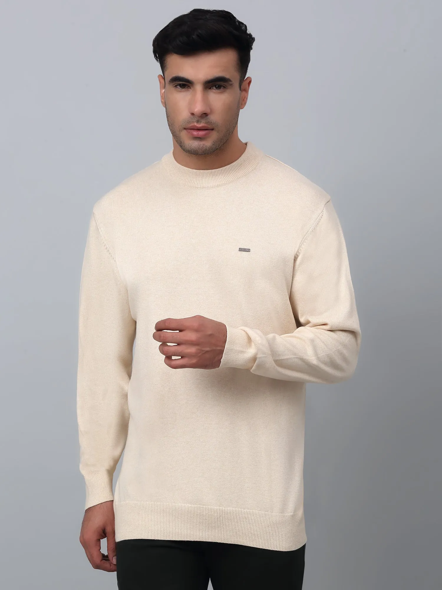 Solid Beige Full Sleeves Round Neck Light Winter Wear Casual Sweater for Men