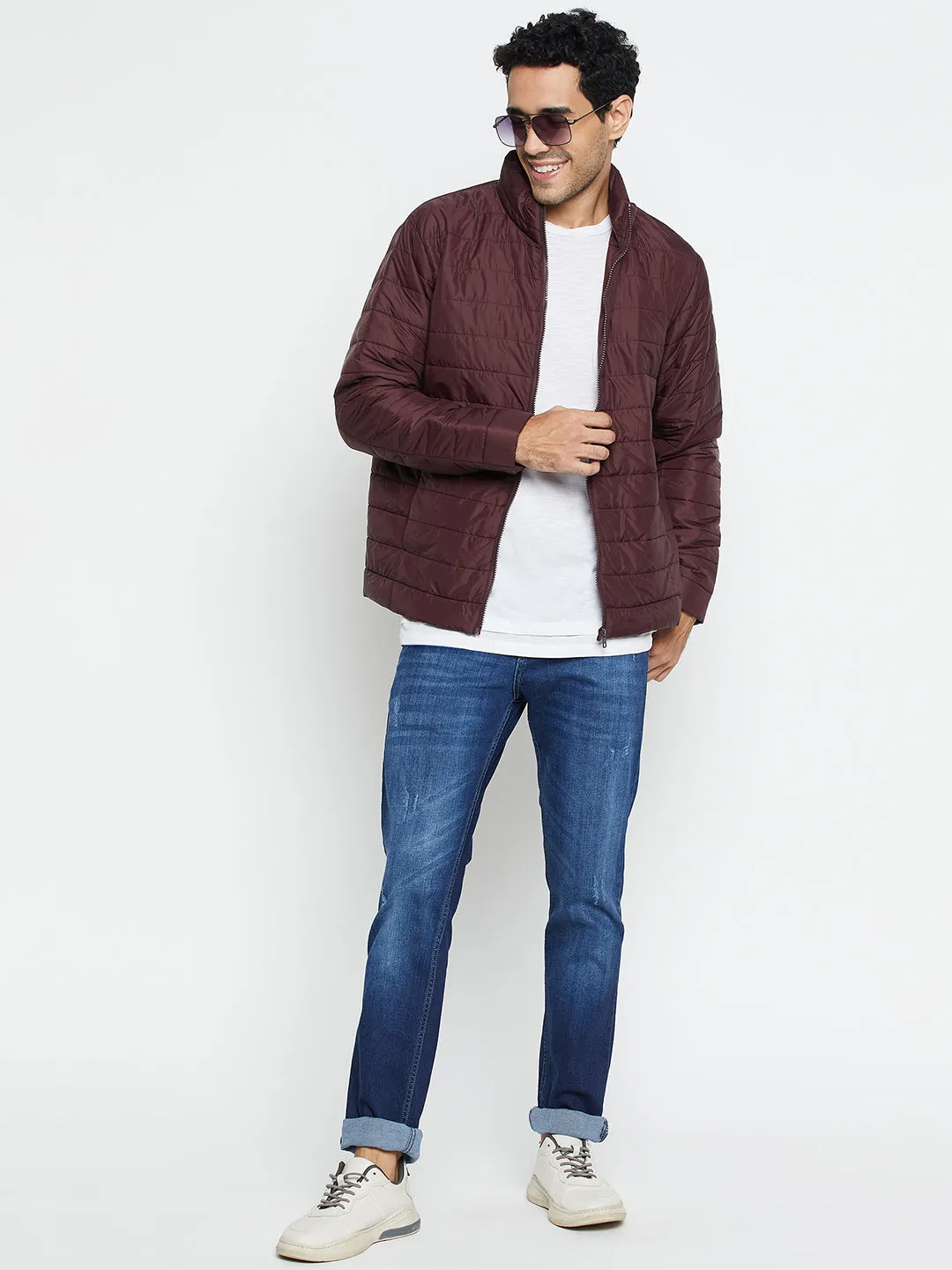 Solid Wine Full Sleeves Mock Collar Regular Fit Casual Jacket for Men