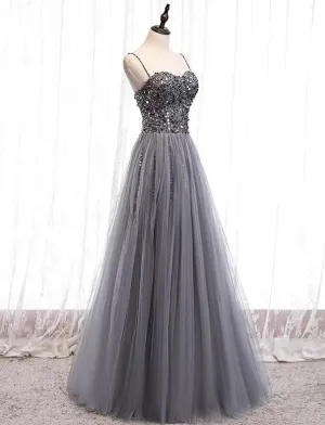 Spaghetti straps darker gray sequins crystals beaded tulle prom dress