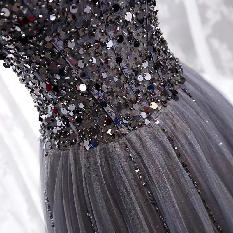 Spaghetti straps darker gray sequins crystals beaded tulle prom dress