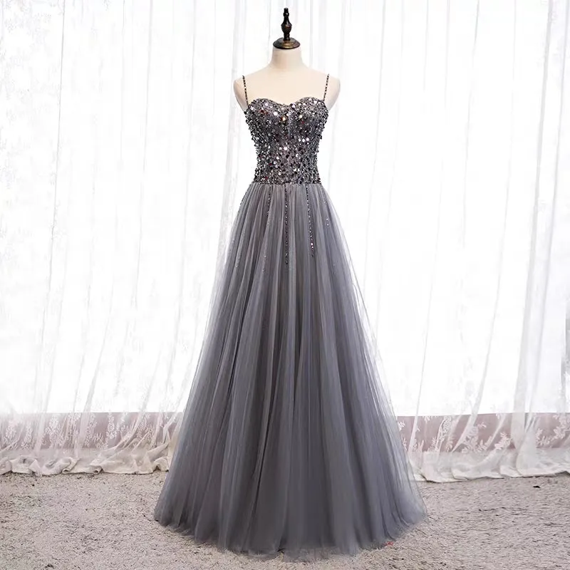 Spaghetti straps darker gray sequins crystals beaded tulle prom dress