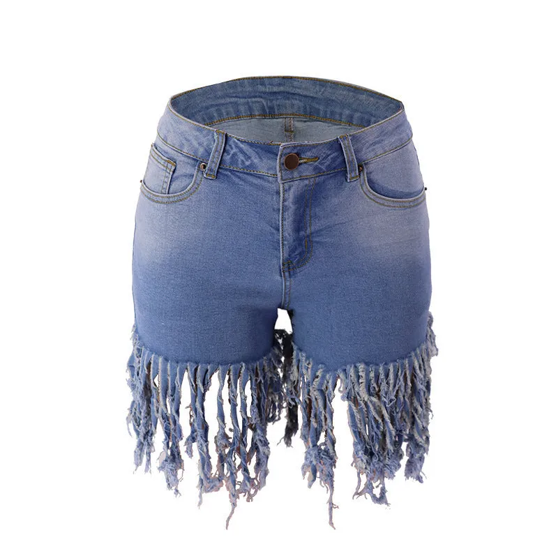 Trendy Fringed Denim Shorts Wholesale Womens Clothing N3823090500953