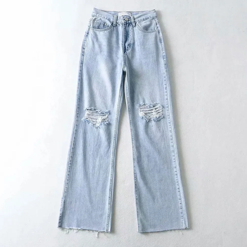 Trendy High Waist Wide Leg Ripped Boyfriend Jeans - Light Blue