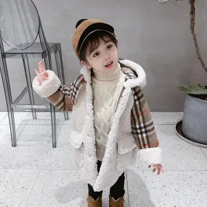 Trendy Little Girl Berber Fleece Checked Hooded Jacket