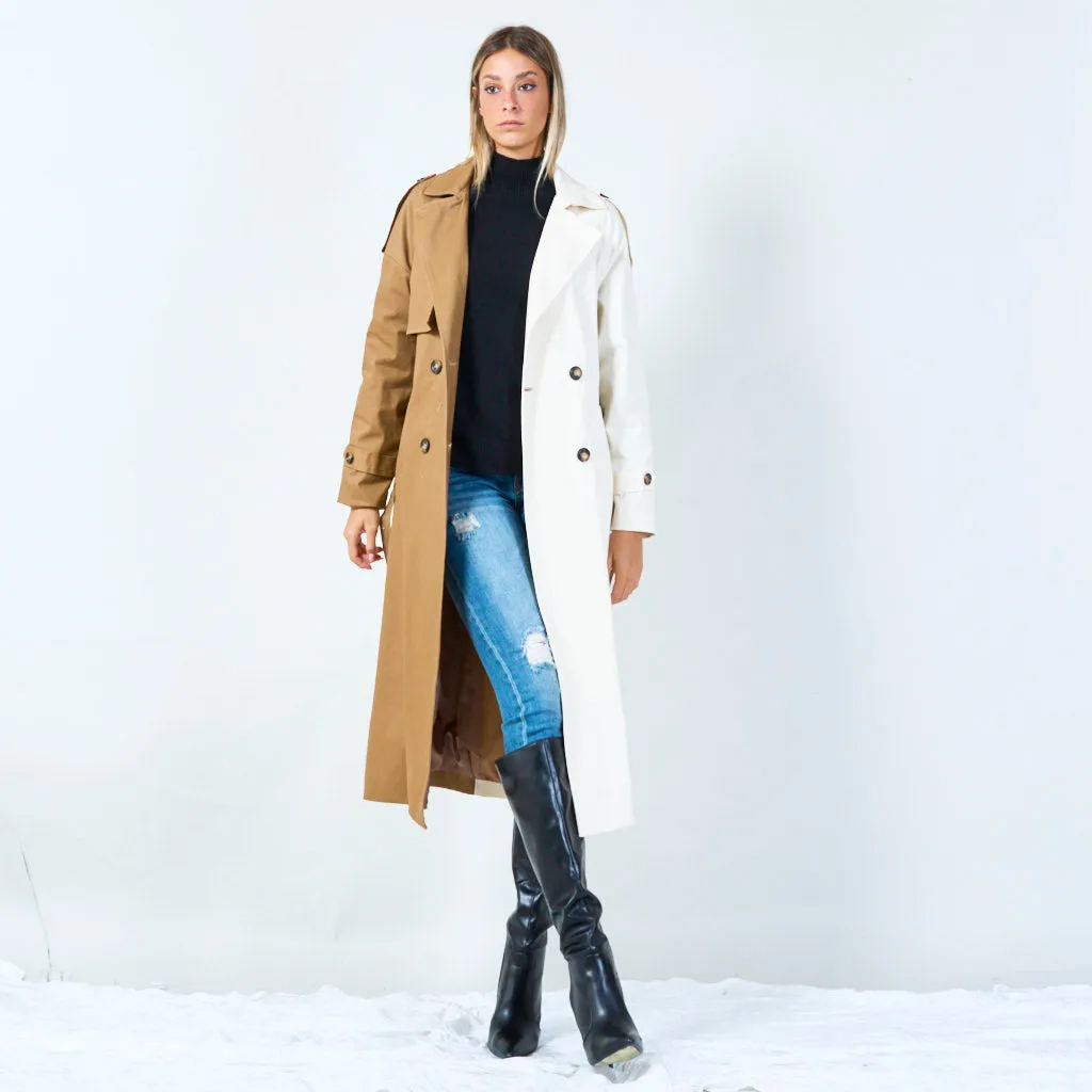 Trendy two-tone long trench coat wholesale