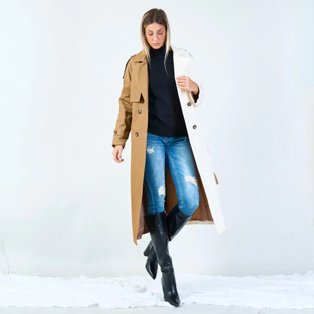 Trendy two-tone long trench coat wholesale