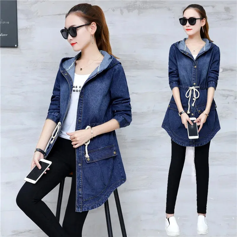 Trendy Winter Elegance Long Full Sleeves Denim Coat with Hood for Ladies