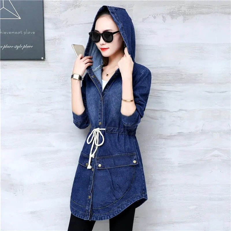 Trendy Winter Elegance Long Full Sleeves Denim Coat with Hood for Ladies