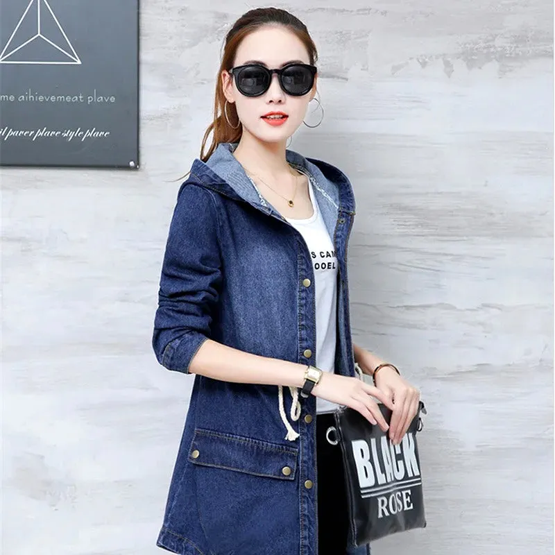 Trendy Winter Elegance Long Full Sleeves Denim Coat with Hood for Ladies