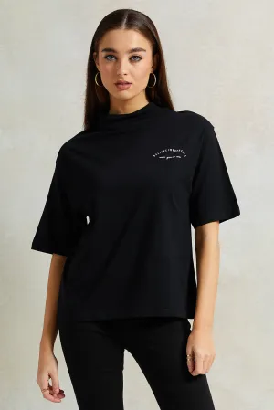 Women Black High-Neck Boxy T-Shirt