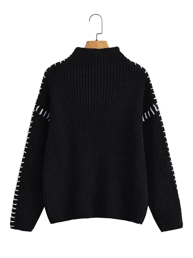 Women Elegant Contrast Stitching Knitted Pullover Casual Loose Turtleneck Long Sleeves Sweater