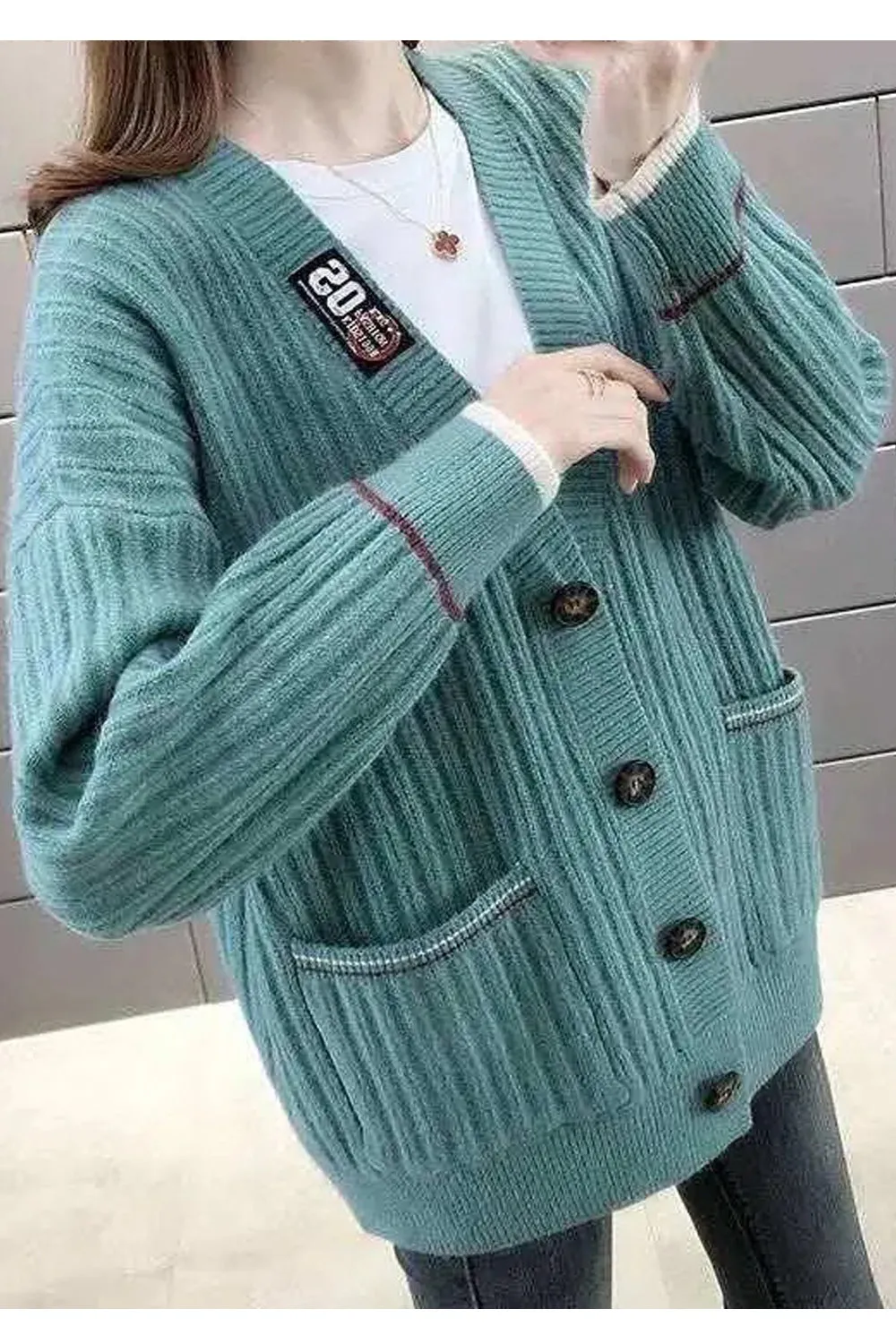 Women Knitted Ribbed Cuff V-Neck Button Closure Solid Pattern Weekend Cardigan - WC87199