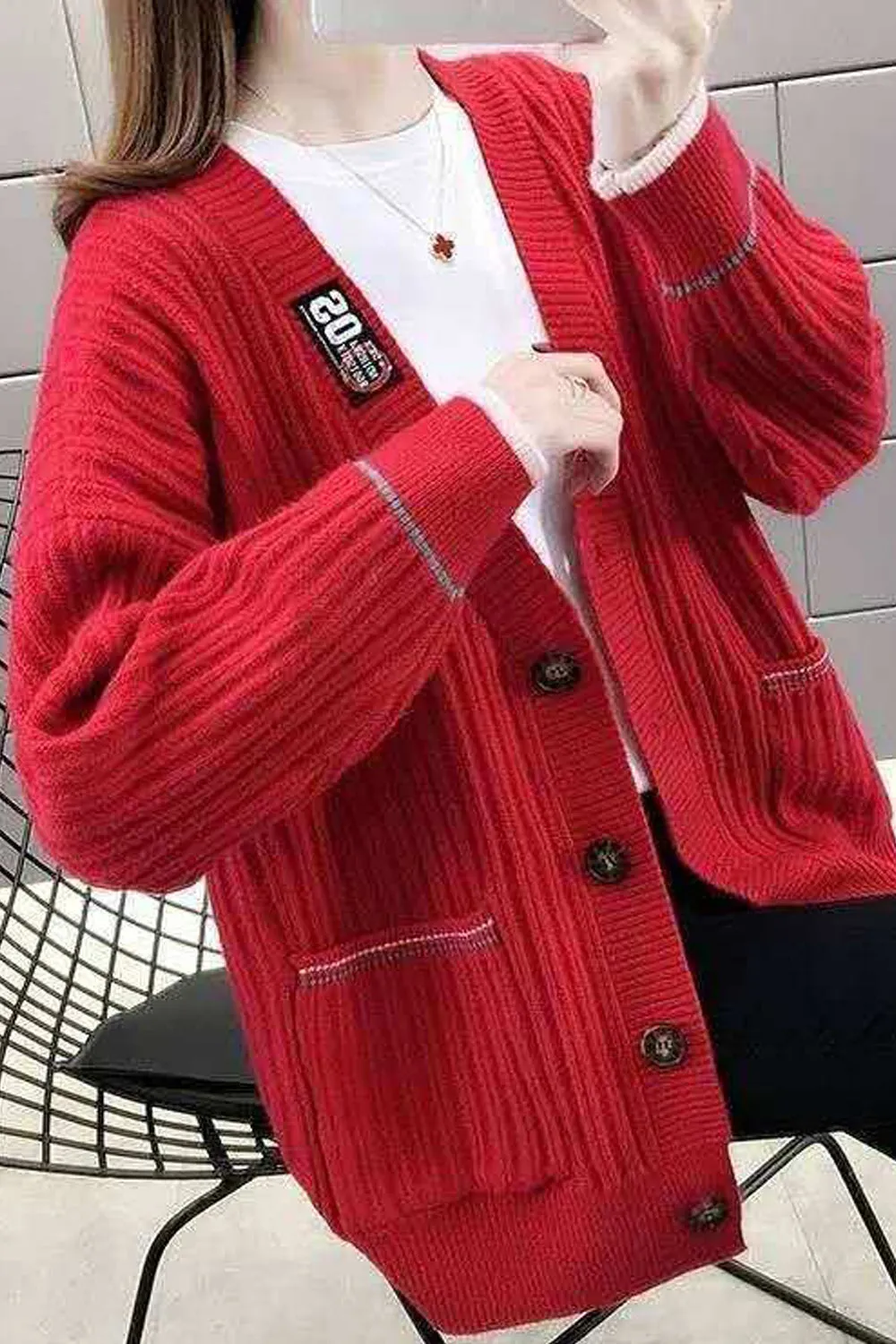 Women Knitted Ribbed Cuff V-Neck Button Closure Solid Pattern Weekend Cardigan - WC87199