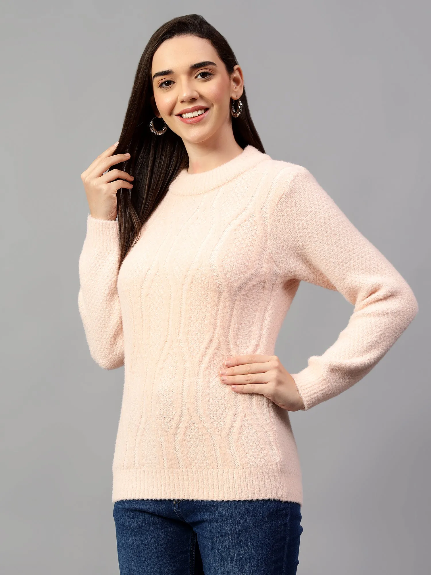 Women's Solid Pink Full Sleeve Casual Sweater