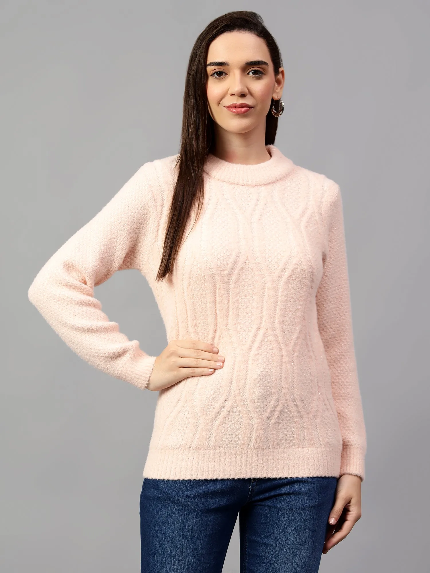 Women's Solid Pink Full Sleeve Casual Sweater