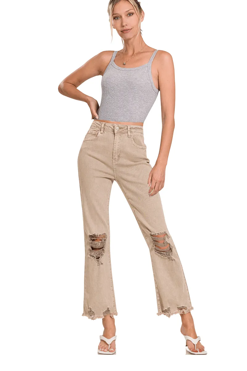 Zenana Acid Washed High Waist Distressed Straight Leg Jeans