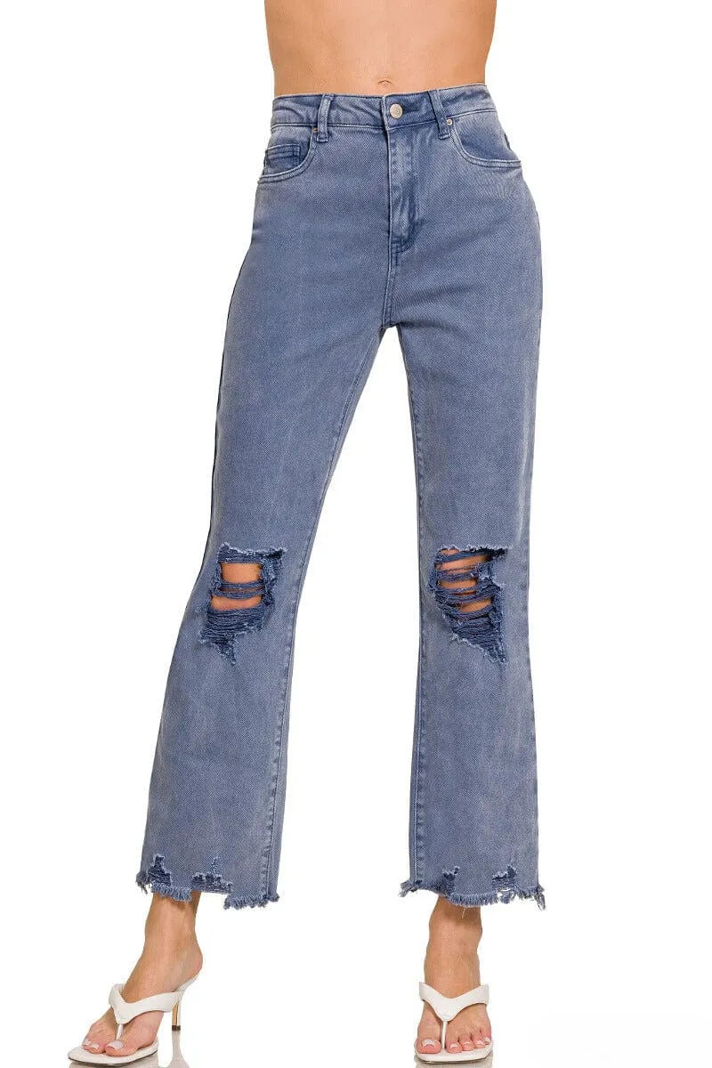 Zenana Acid Washed High Waist Distressed Straight Leg Jeans